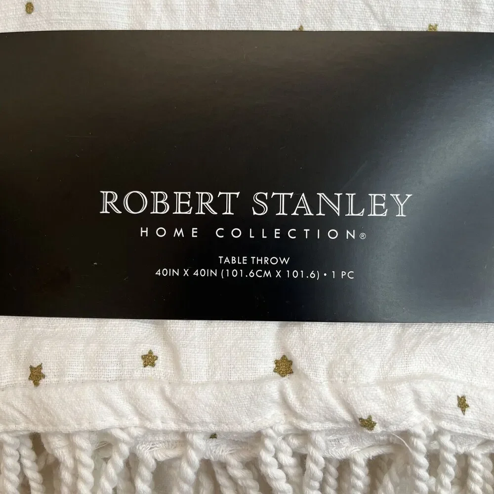 Robert Stanley White Table Throw 40x40 inch Metallic Gold Stars Fringe Cotton
